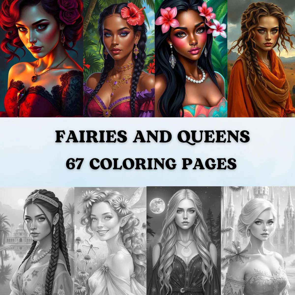 Fairies and Queens Grayscale Coloring Pages