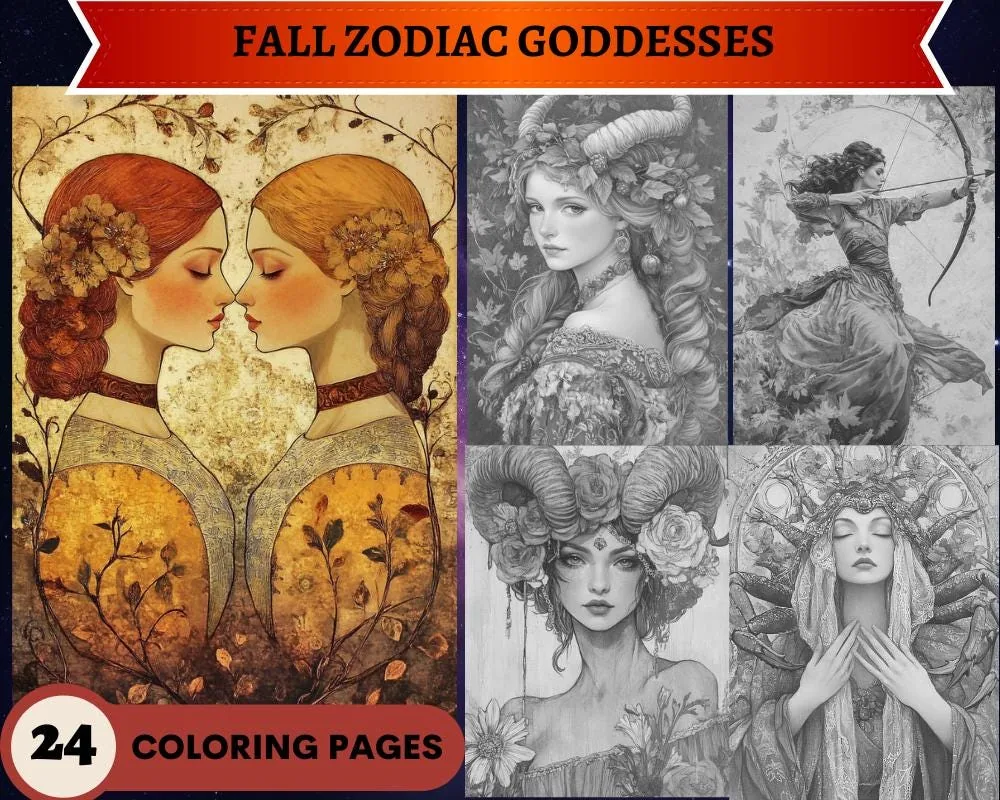 Fall Zodiac Goddesses Grayscale Coloring Pages