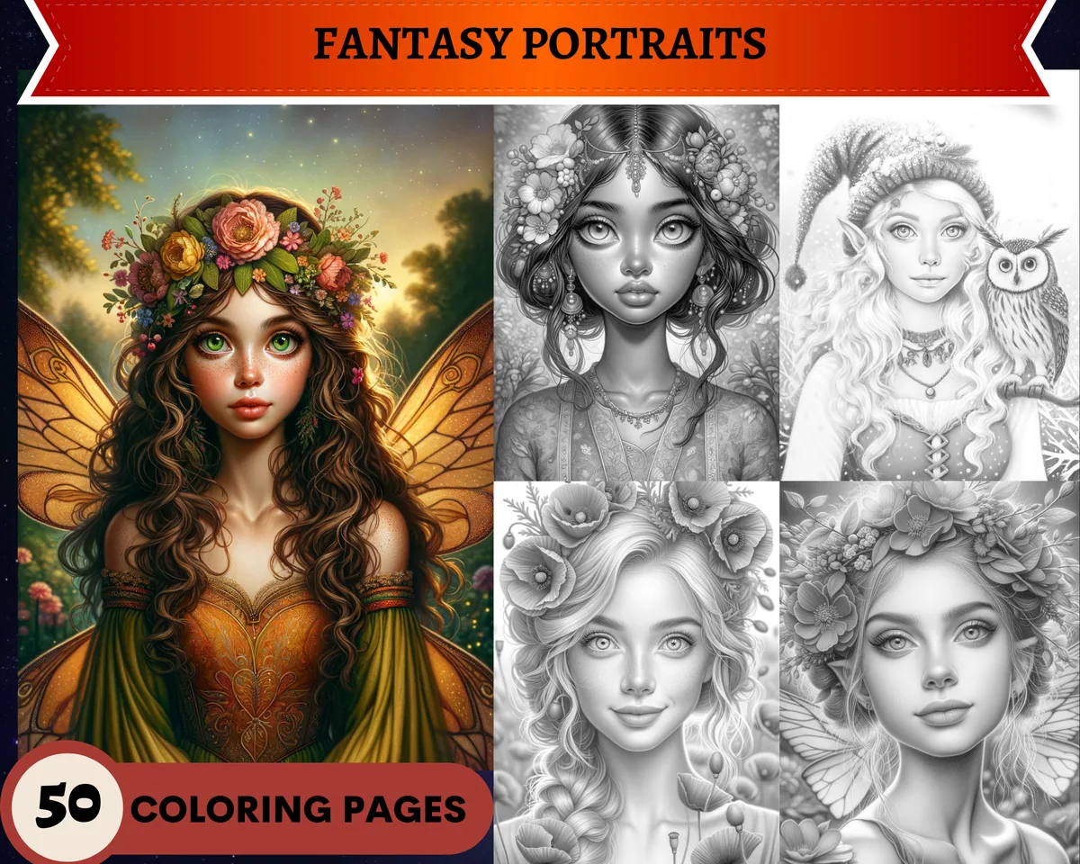 Fantasy Portraits Grayscale Coloring Pages