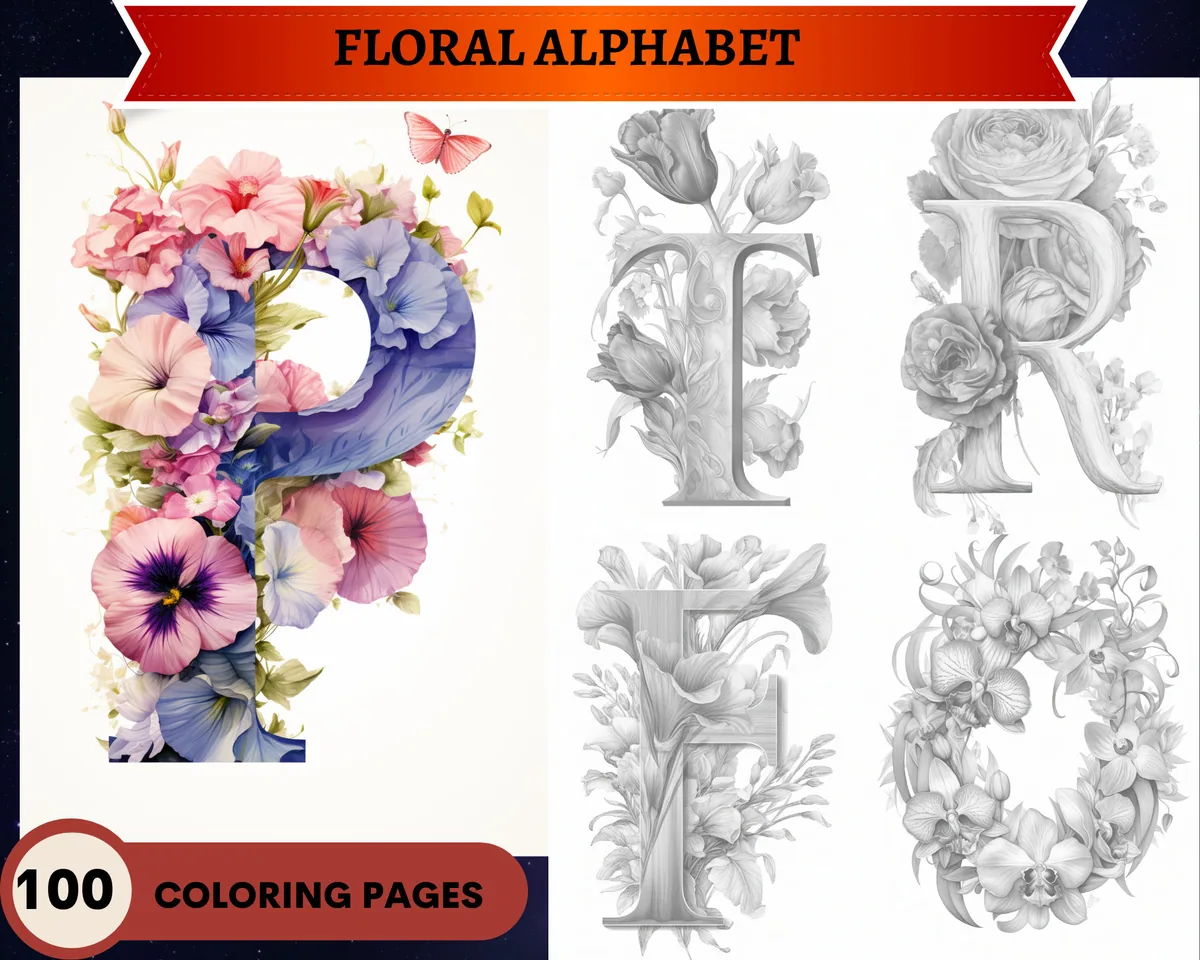 Floral Alphabet Grayscale Coloring Pages