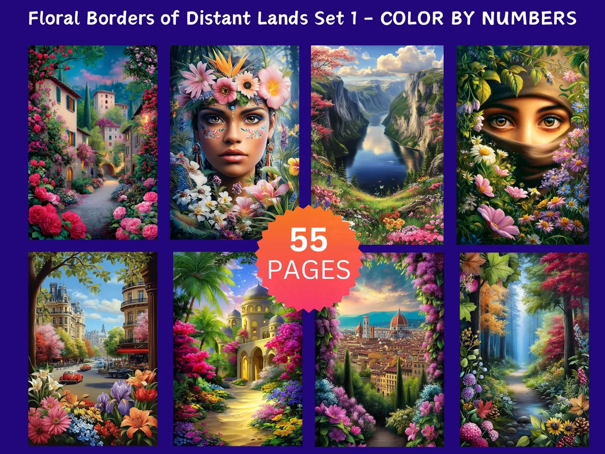 Floral Borders of Distant Lands Set 1 Color by Number