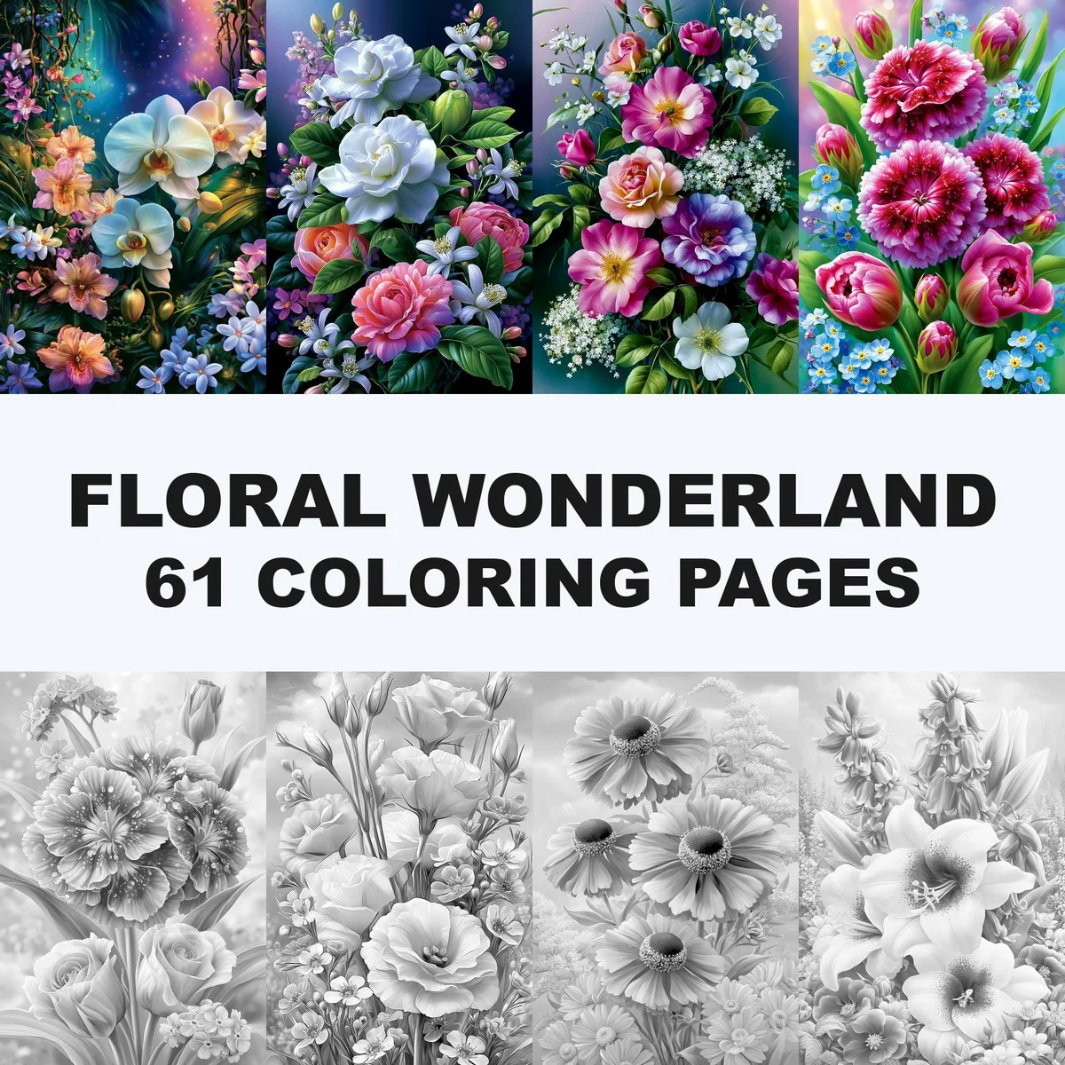 Floral Wonderland Grayscale Coloring Pages