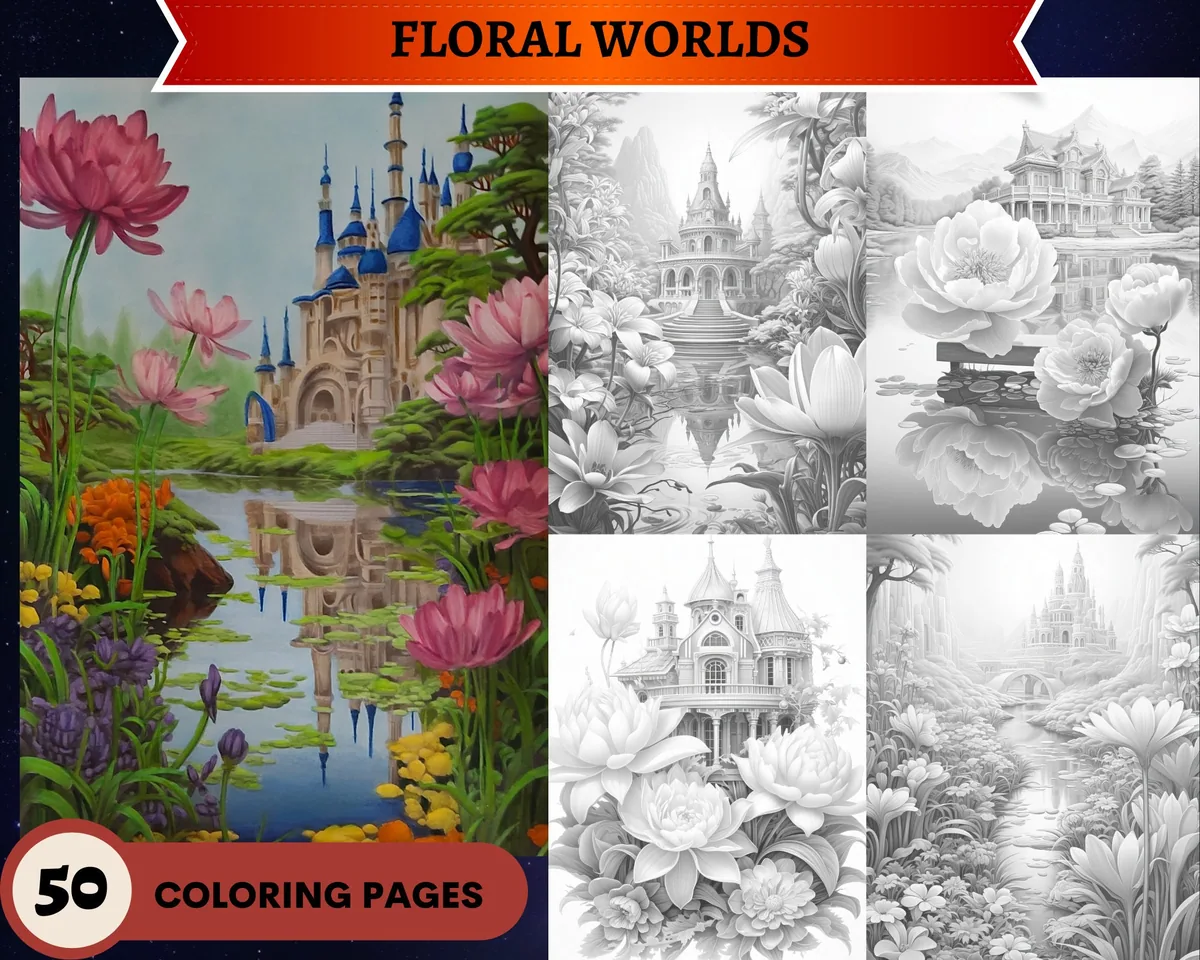 Floral Worlds Grayscale Coloring Pages