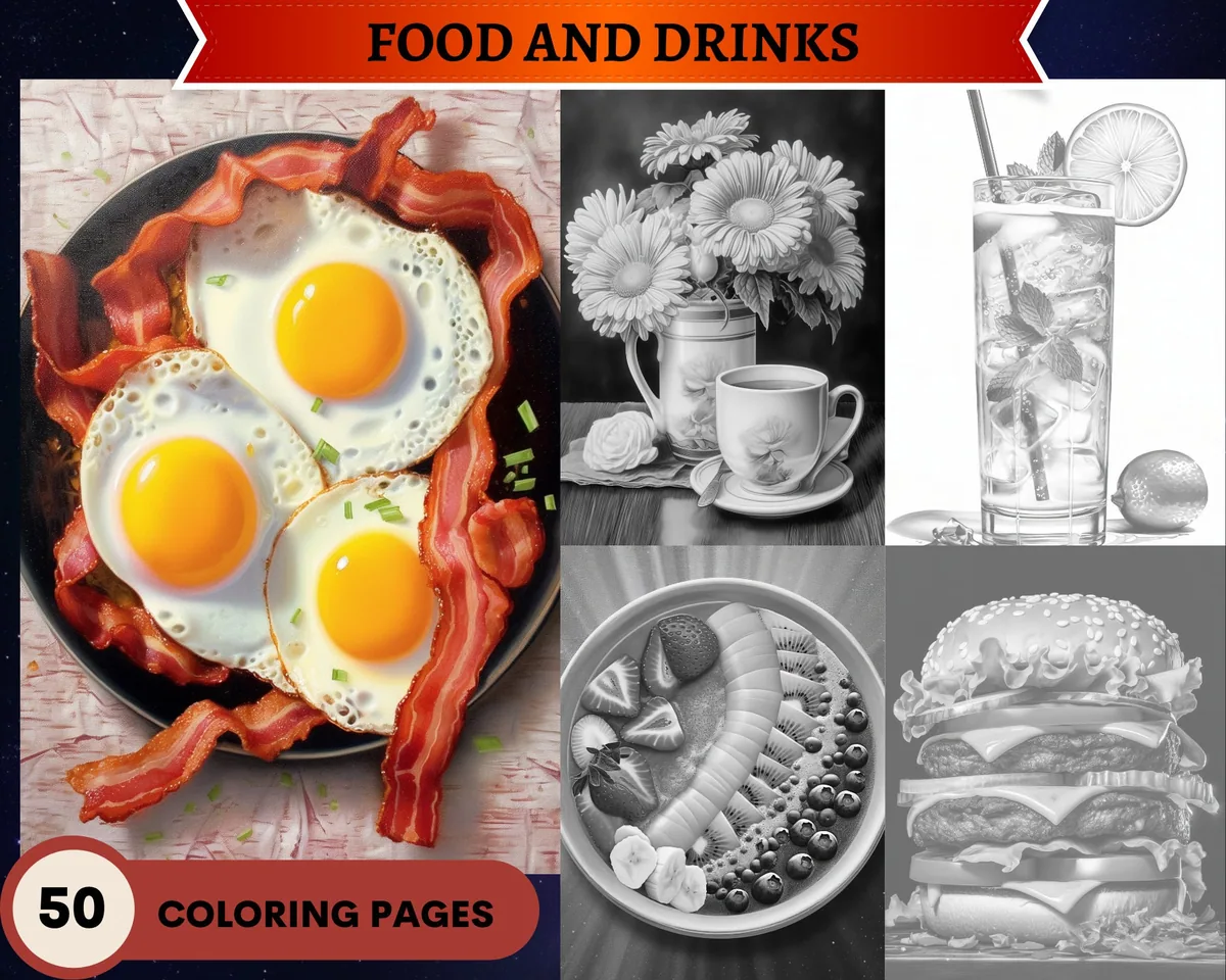 Food and Drinks Grayscale Coloring Pages