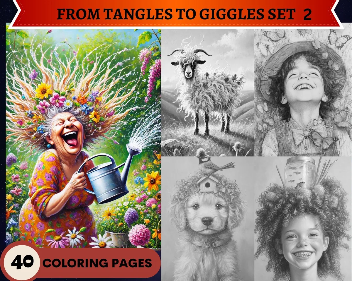 From Tangles to Giggles Set 2 Grayscale Coloring Pages