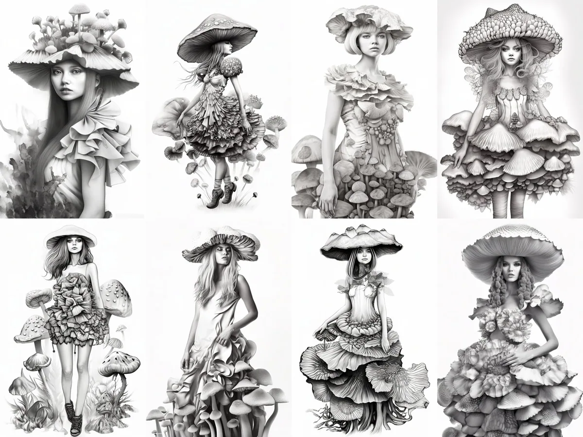 Fungi Grayscale Coloring Pages