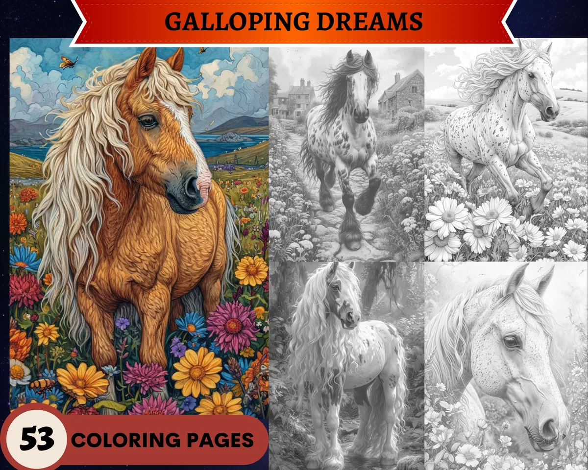 Galloping Dreams Grayscale Coloring Pages