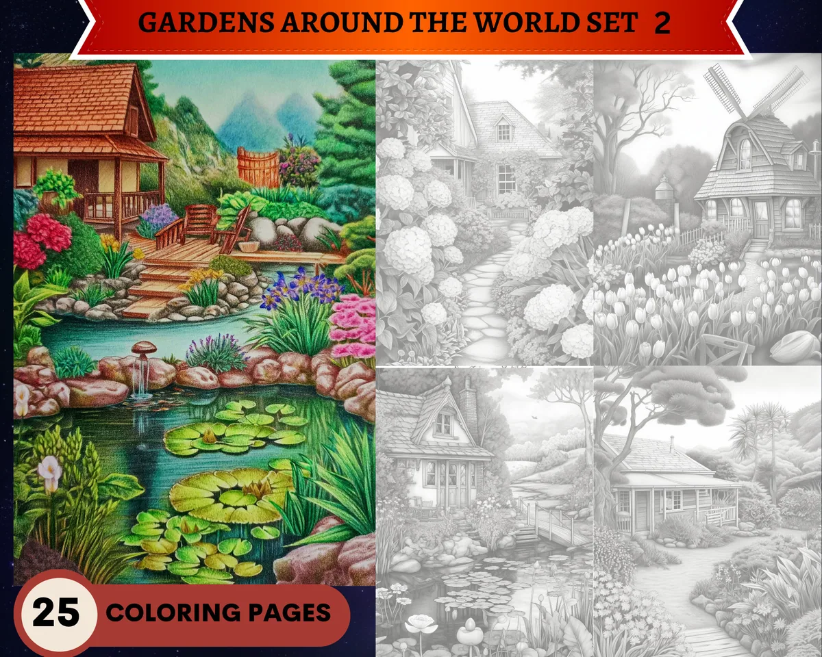 Gardens Around the World Set 2 Grayscale Coloring Pages