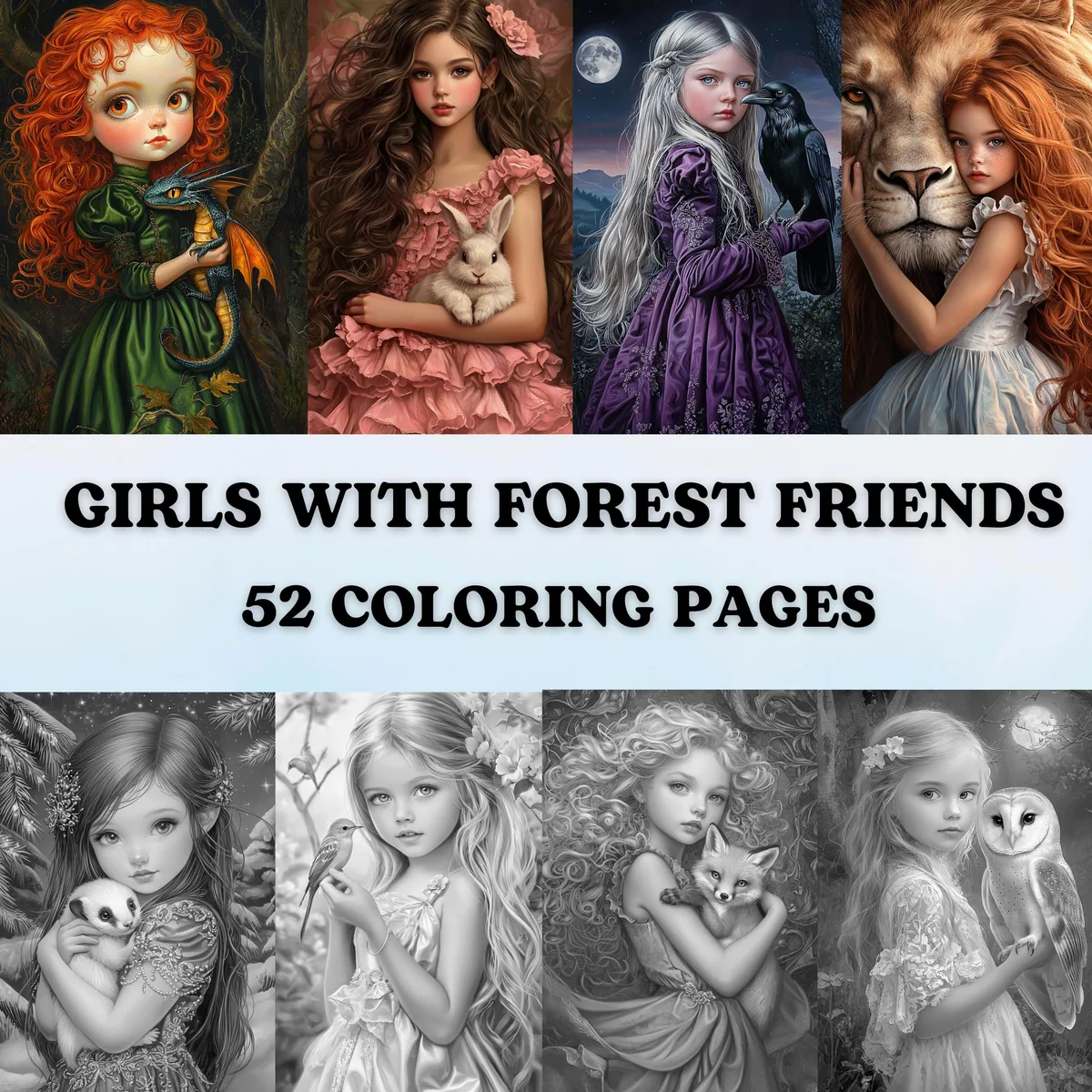 Girls with Forest Friends Grayscale Coloring Pages