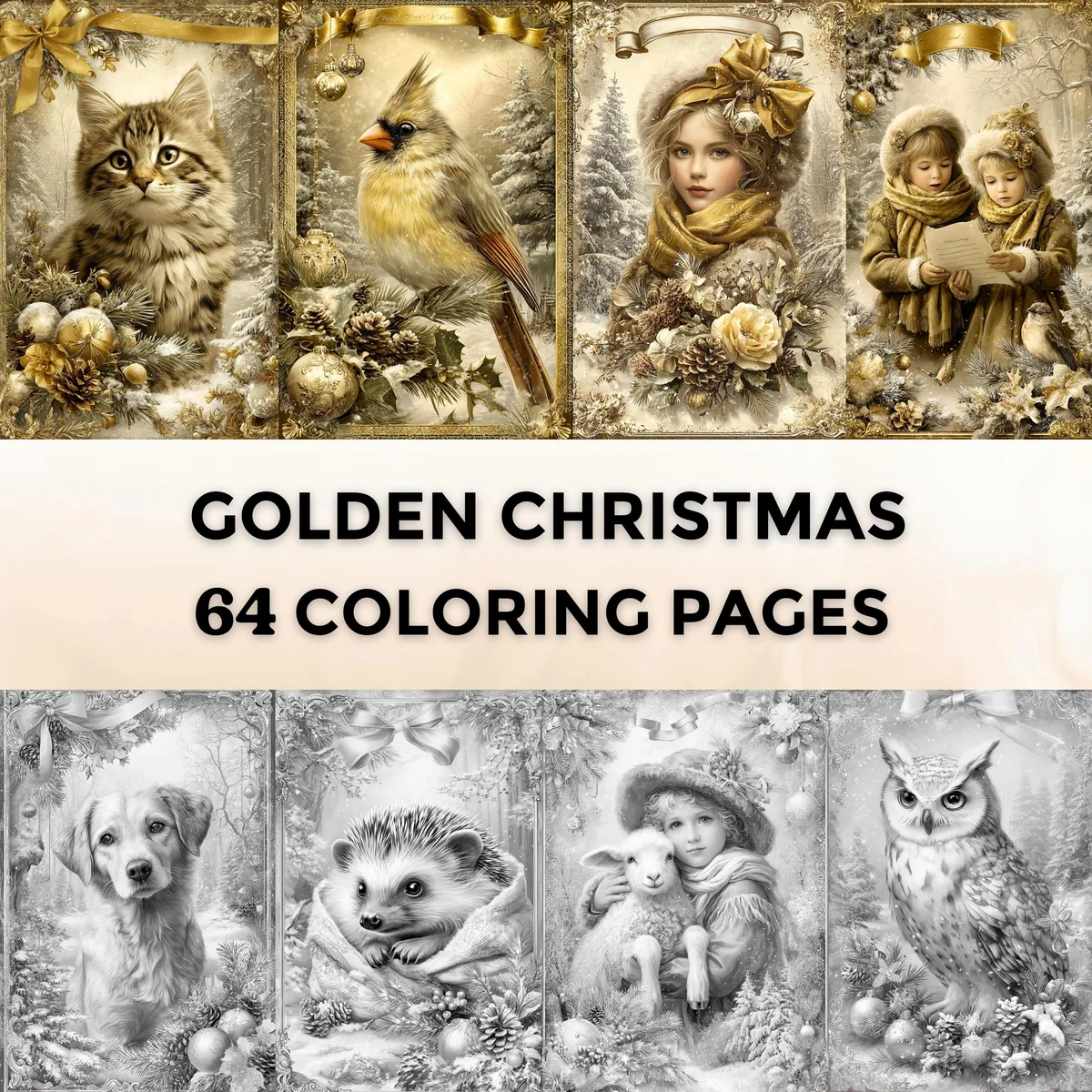 Golden Christmas Grayscale Coloring Pages