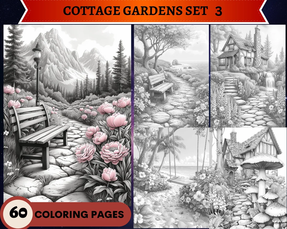 Gorgeous Cottage Gardens Set 3 Grayscale Coloring Pages