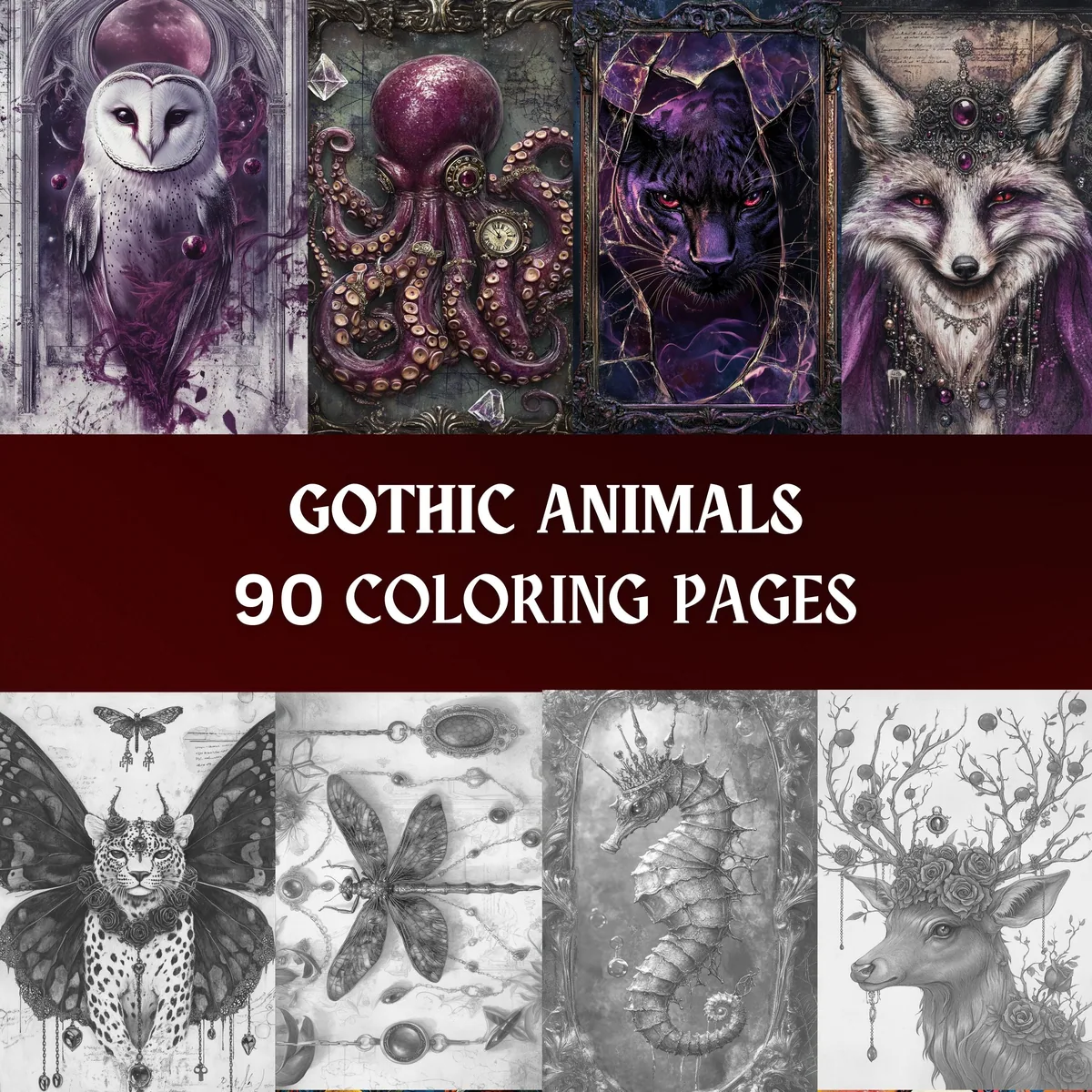 Gothic Animals Grayscale Coloring Pages