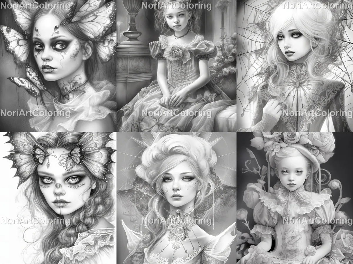Gothic Girls Set 4 Grayscale Coloring Pages