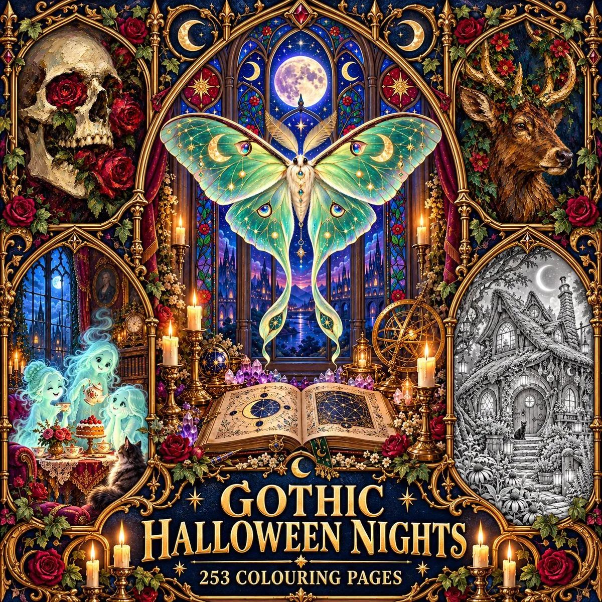 Gothic Halloween Nights Grayscale Coloring Pages