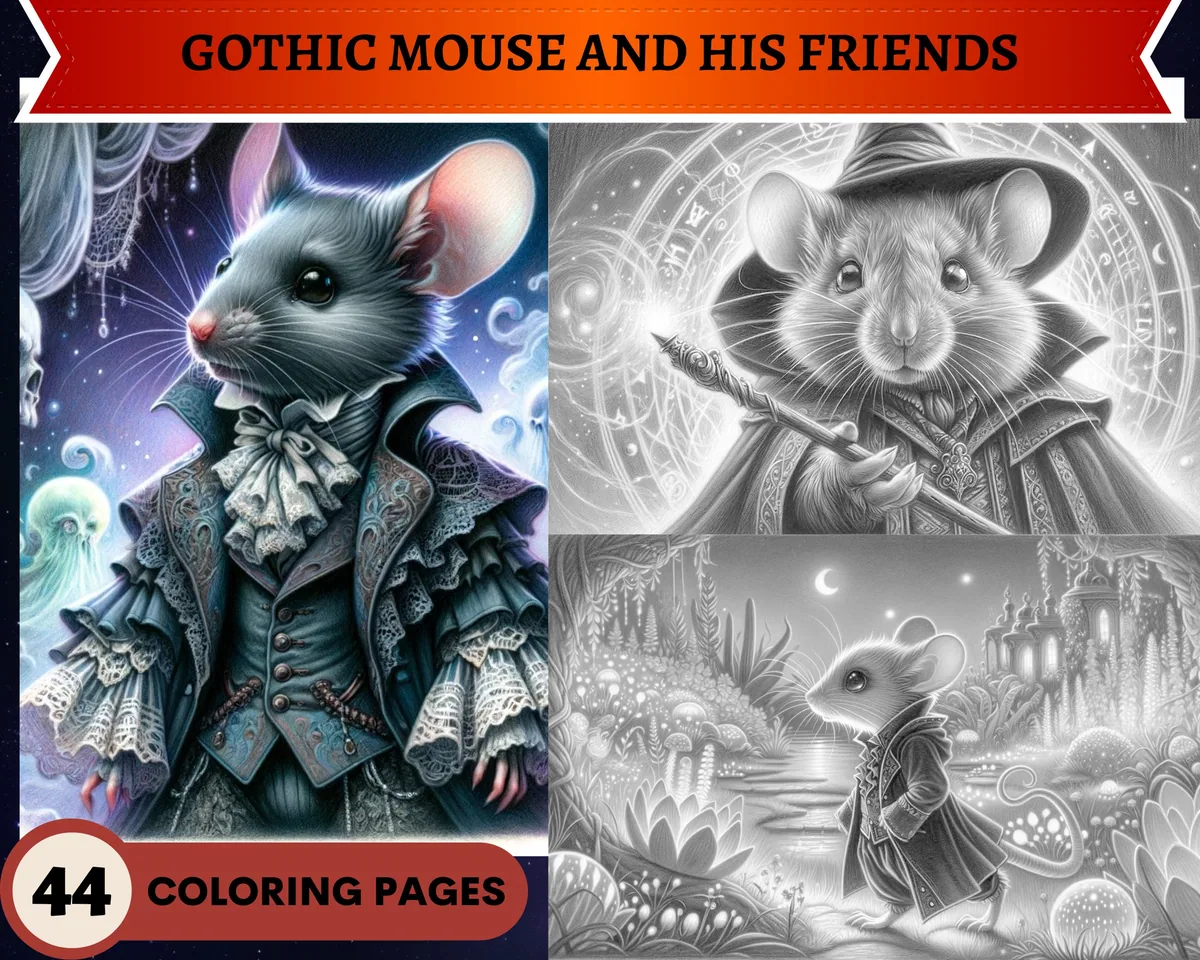 Gothic Mouse and His Friends Grayscale Coloring Pages