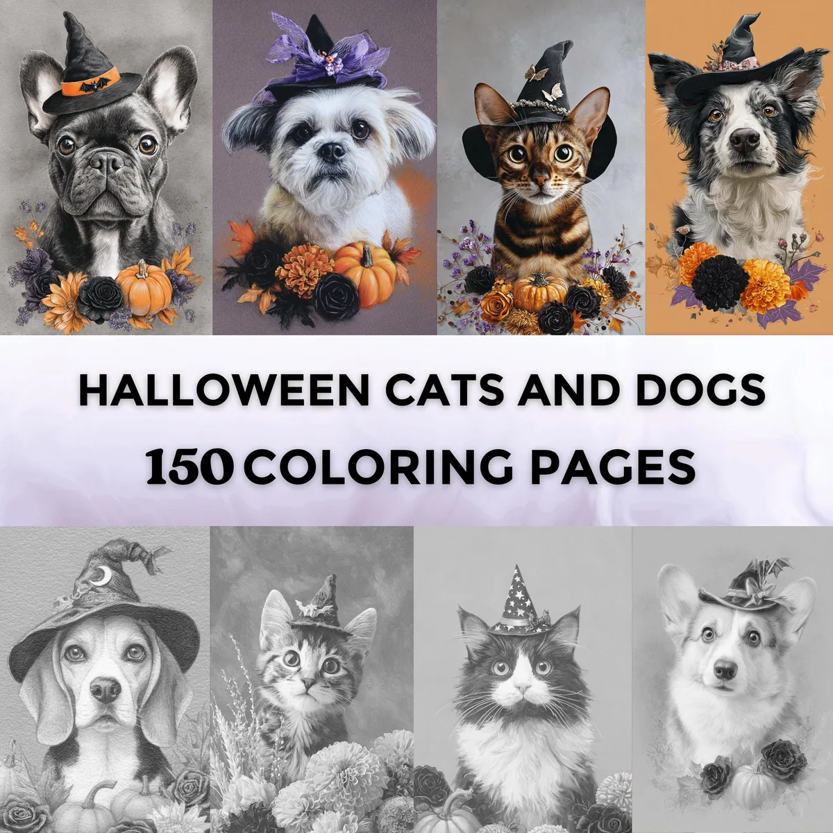 Halloween Cats & Dogs Grayscale Coloring Pages