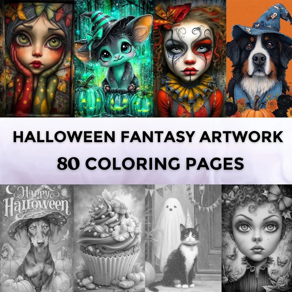 Halloween & Fall Fantasy Grayscale Coloring Pages