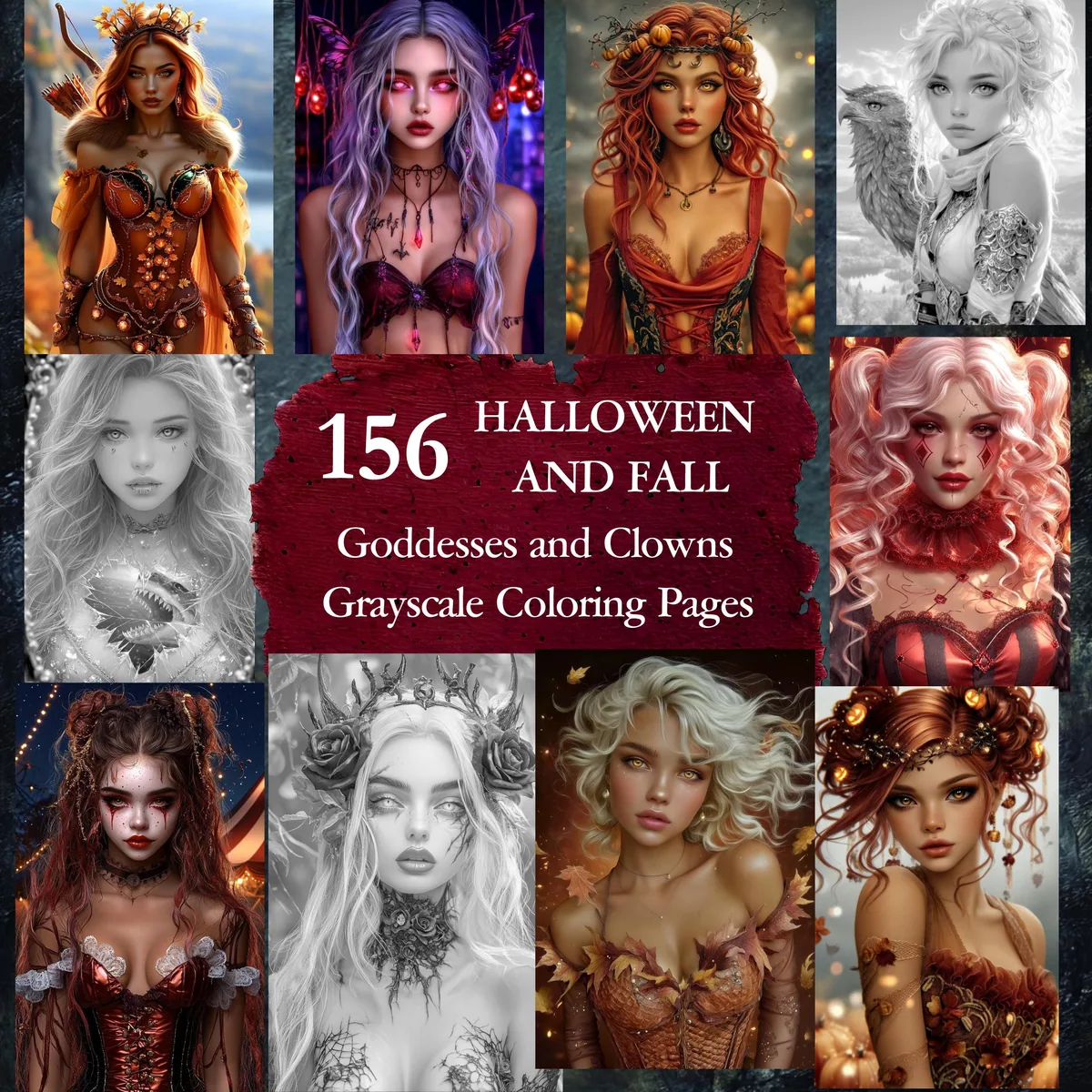 Halloween & Fall Goddesses and Clowns Grayscale Coloring Pages