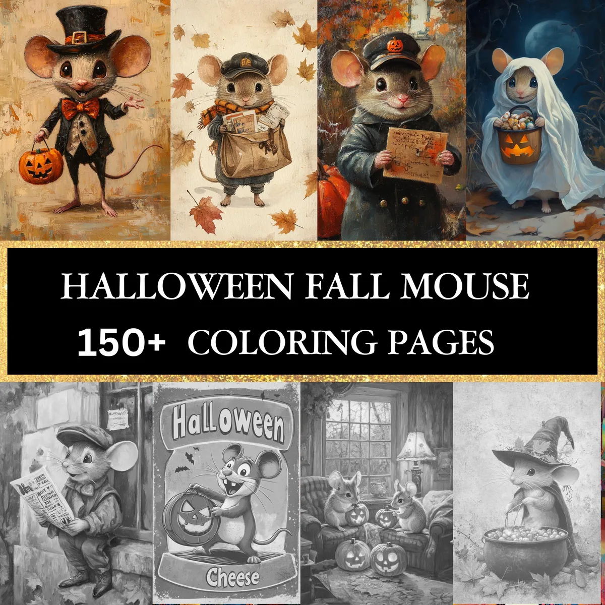 Halloween Mouse Fall Cute Funny Mouse Grayscale Coloring Pages