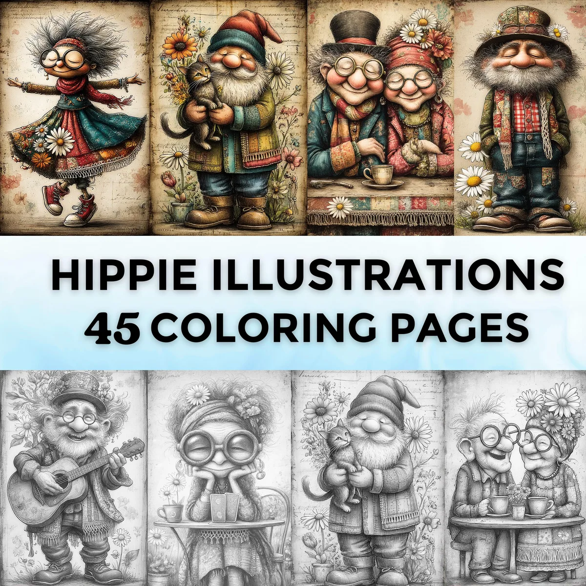 Hippie Grayscale Coloring Pages