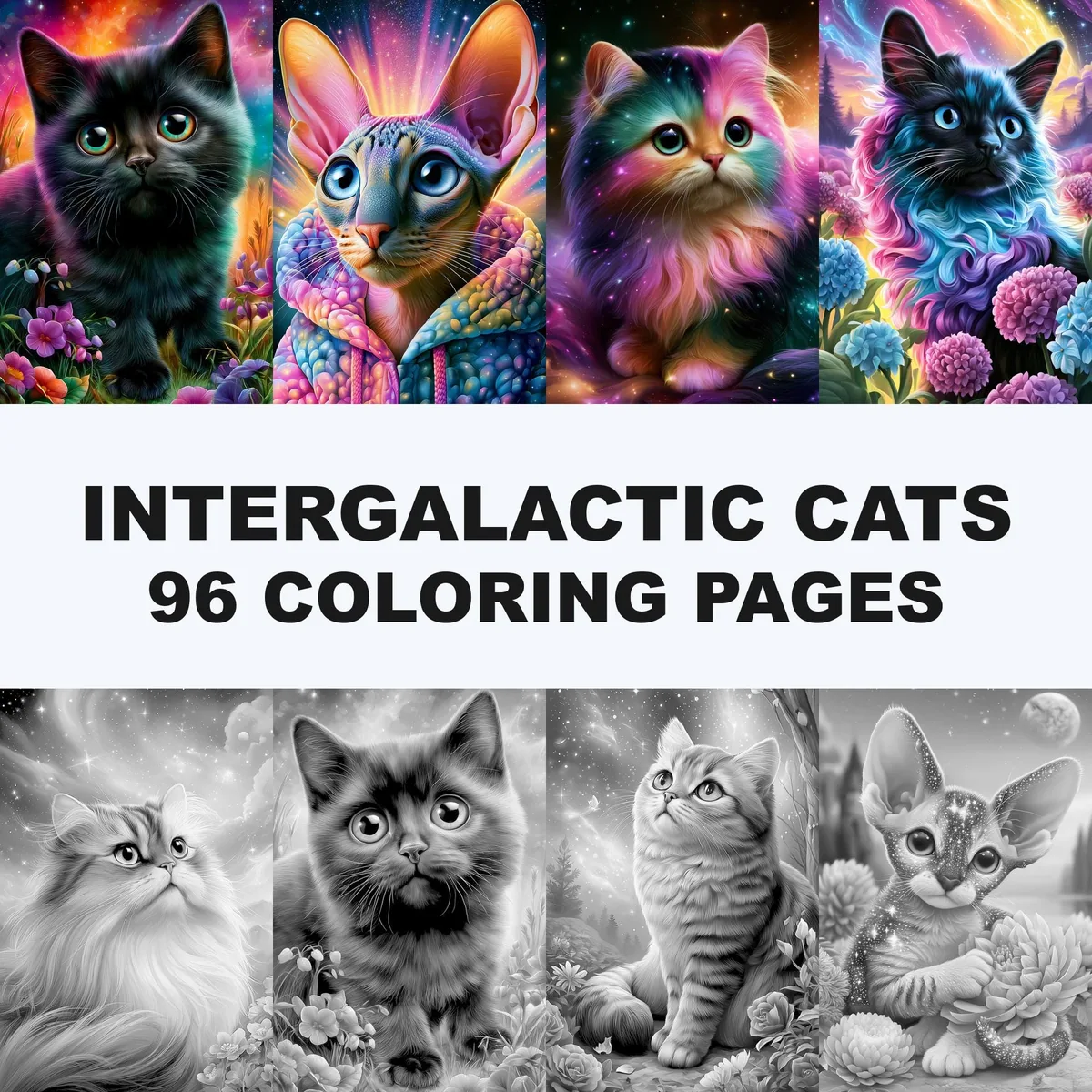Intergalactic Cats Grayscale Coloring Pages