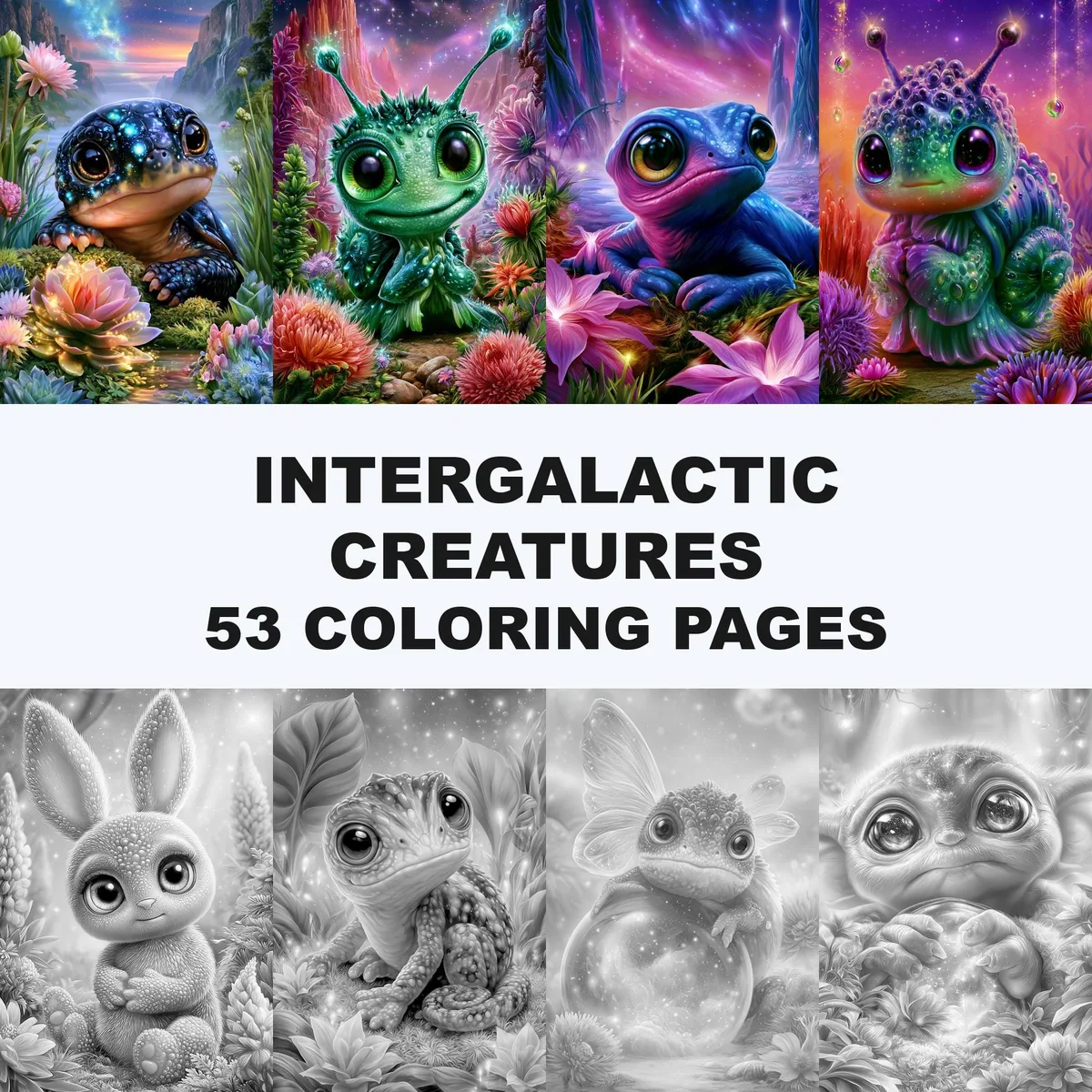Intergalactic Creatures Grayscale Coloring Pages