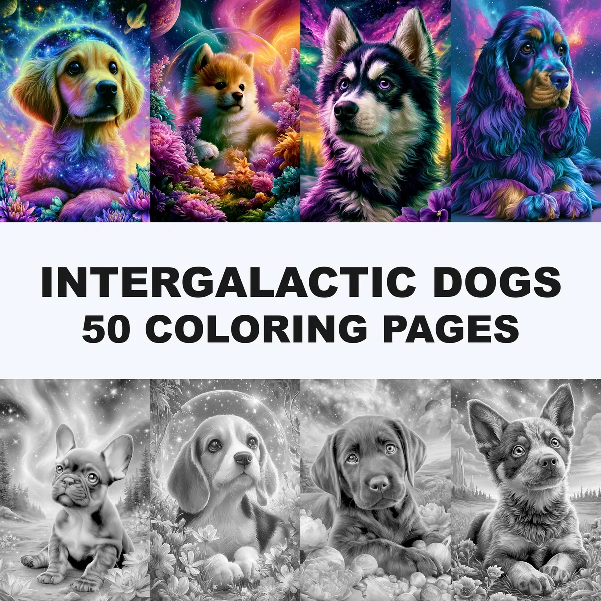 Intergalactic Dogs Grayscale Coloring Pages
