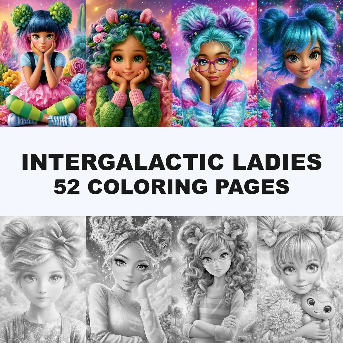 Intergalactic Ladies Grayscale Coloring Pages