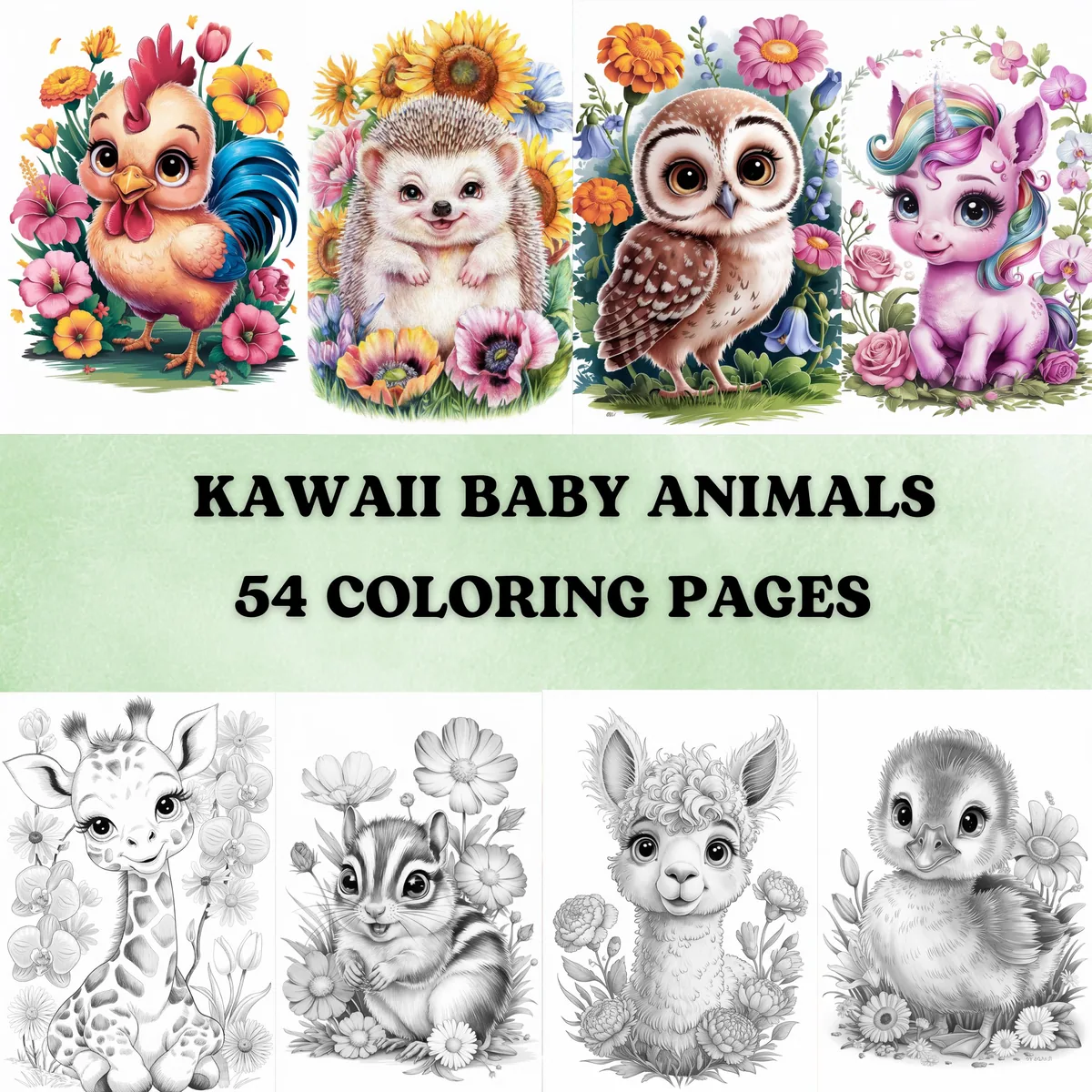 Kawaii Baby Animals Grayscale Coloring Pages