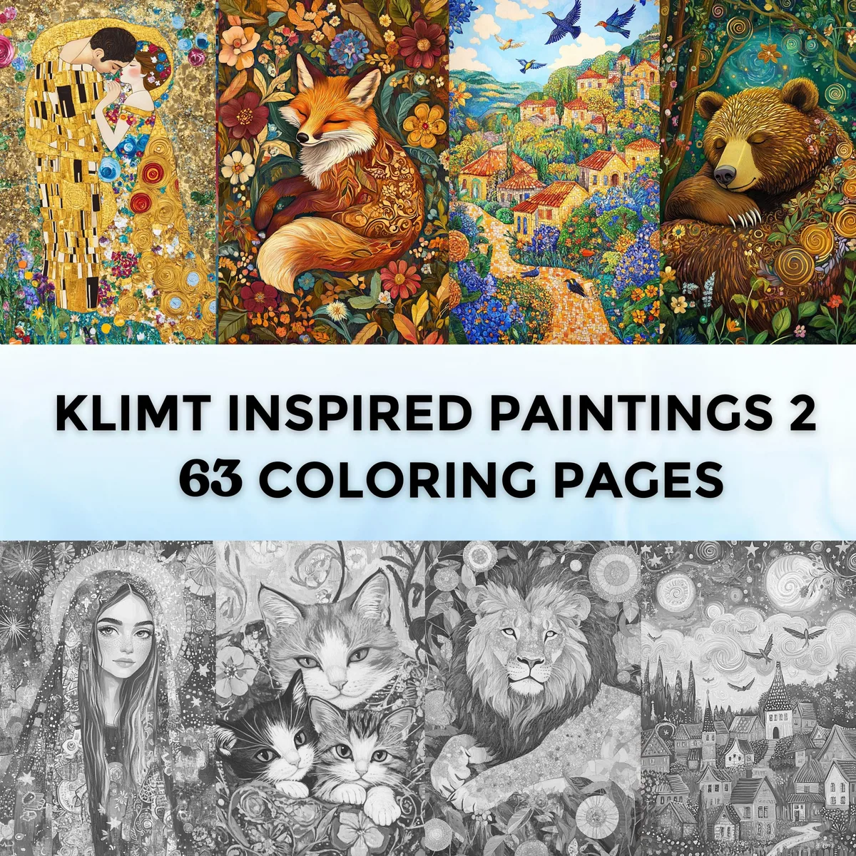 Klimt Inspired Paintings 2 Grayscale Coloring Pages