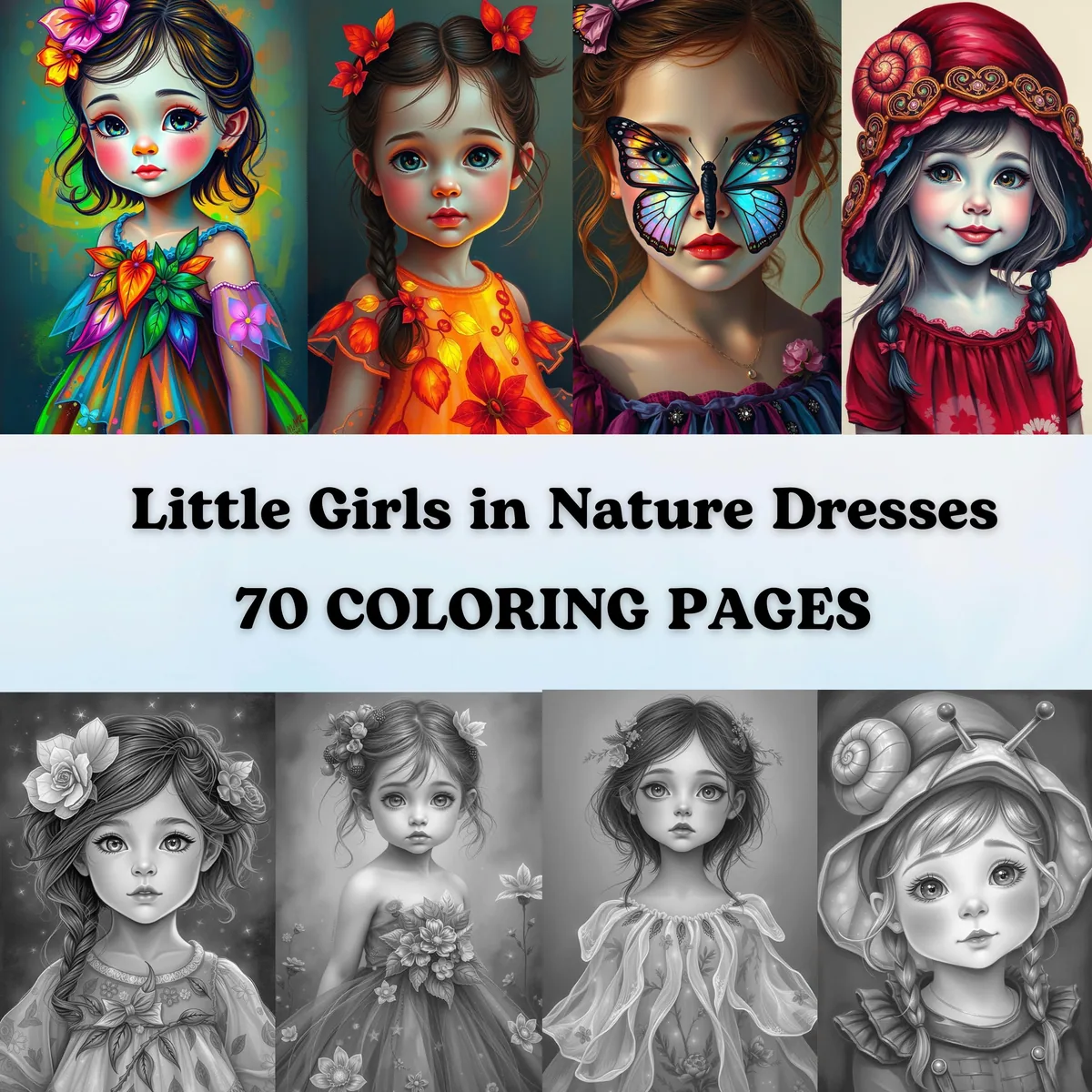 Little Girls in Nature Dresses Grayscale Coloring Pages