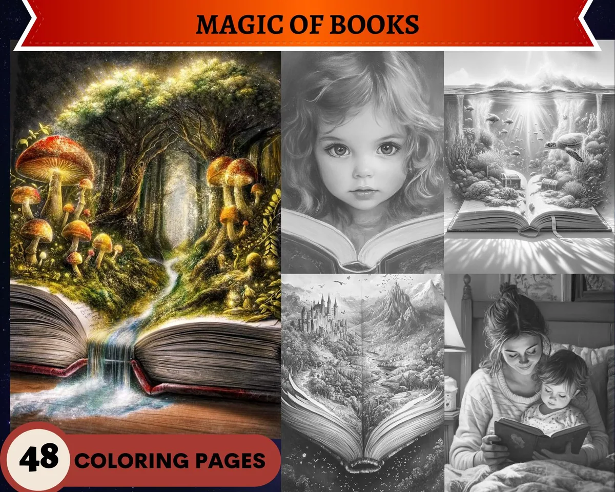 Magic of Books Grayscale Coloring Pages