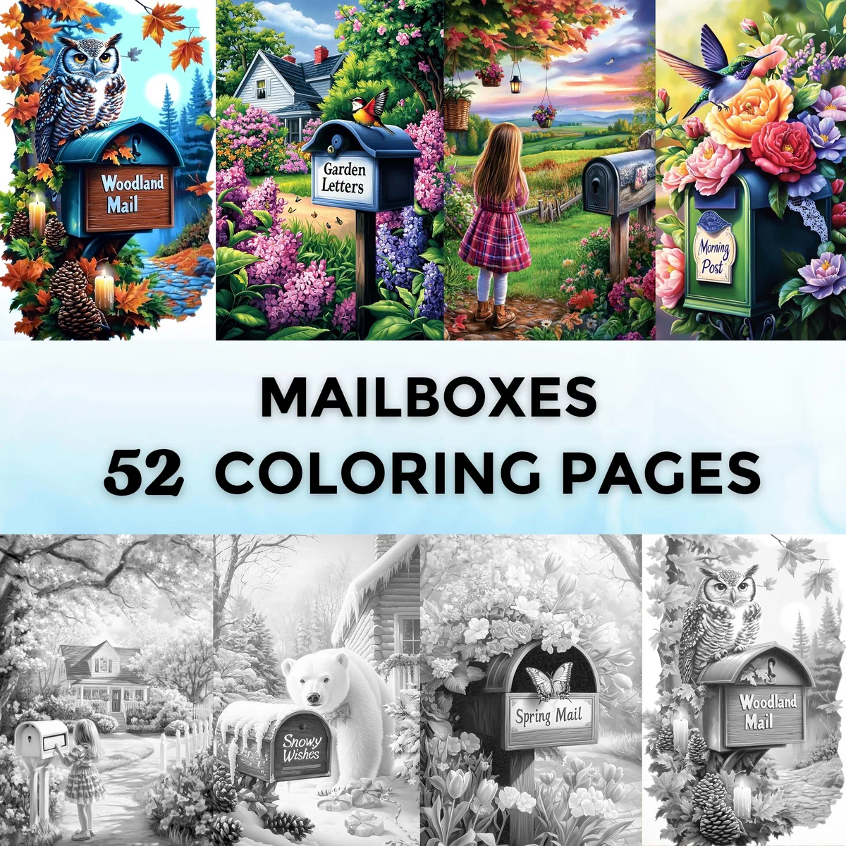 Mailboxes Grayscale Coloring Pages