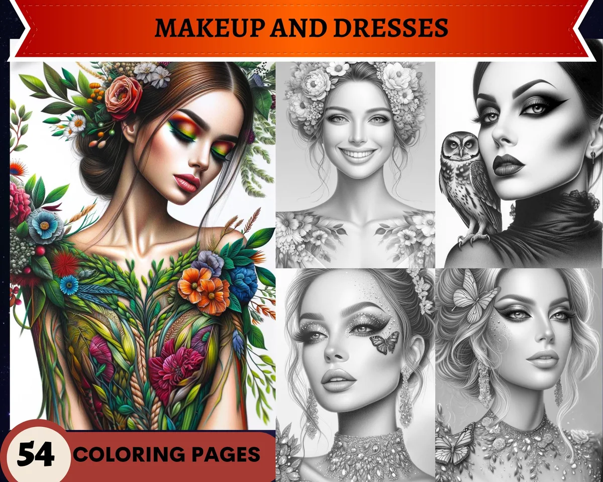 MakeUp and Dresses Set 1 Grayscale Coloring Pages