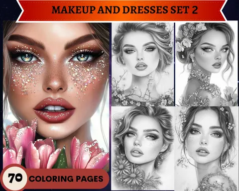 MakeUp and Dresses Set 2 grayscale coloring pages