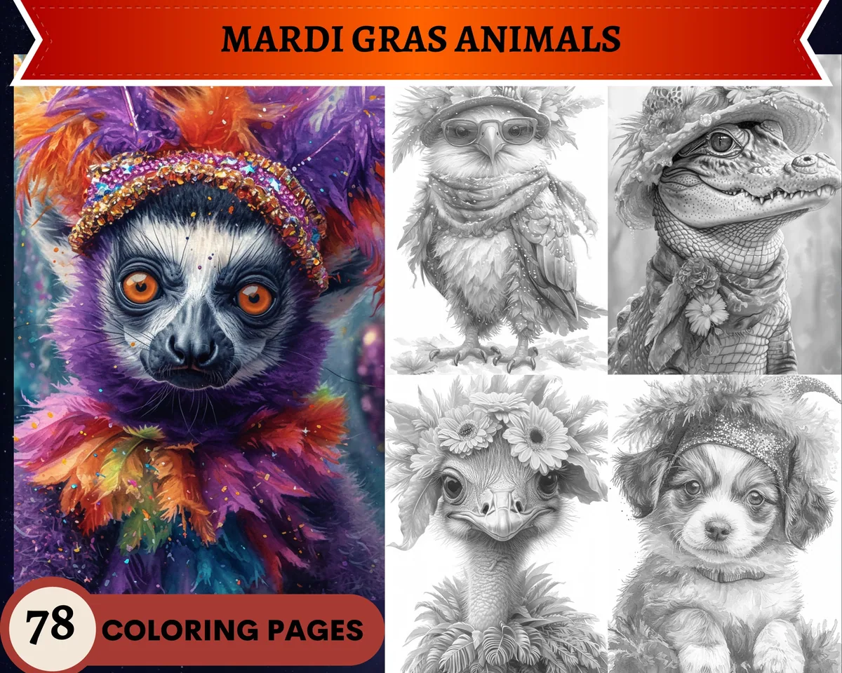 Mardi Gras Animals Grayscale Coloring Pages
