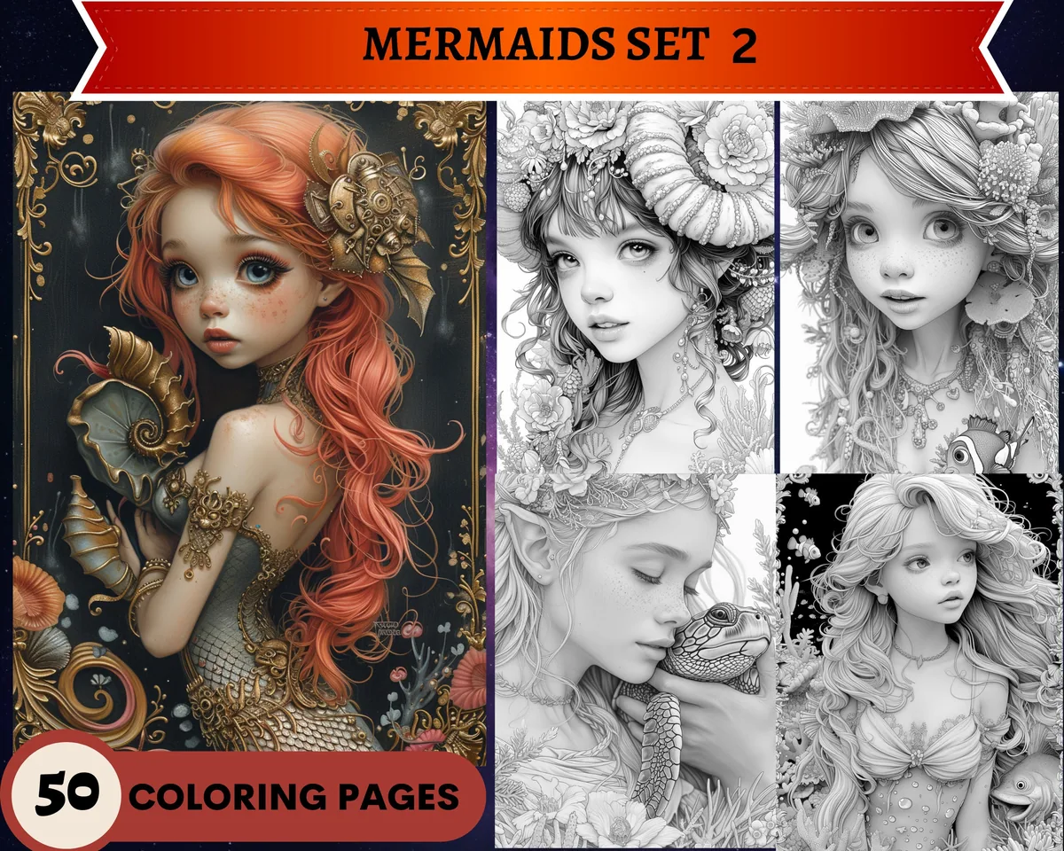 Mermaids Set 2 Grayscale Coloring Pages