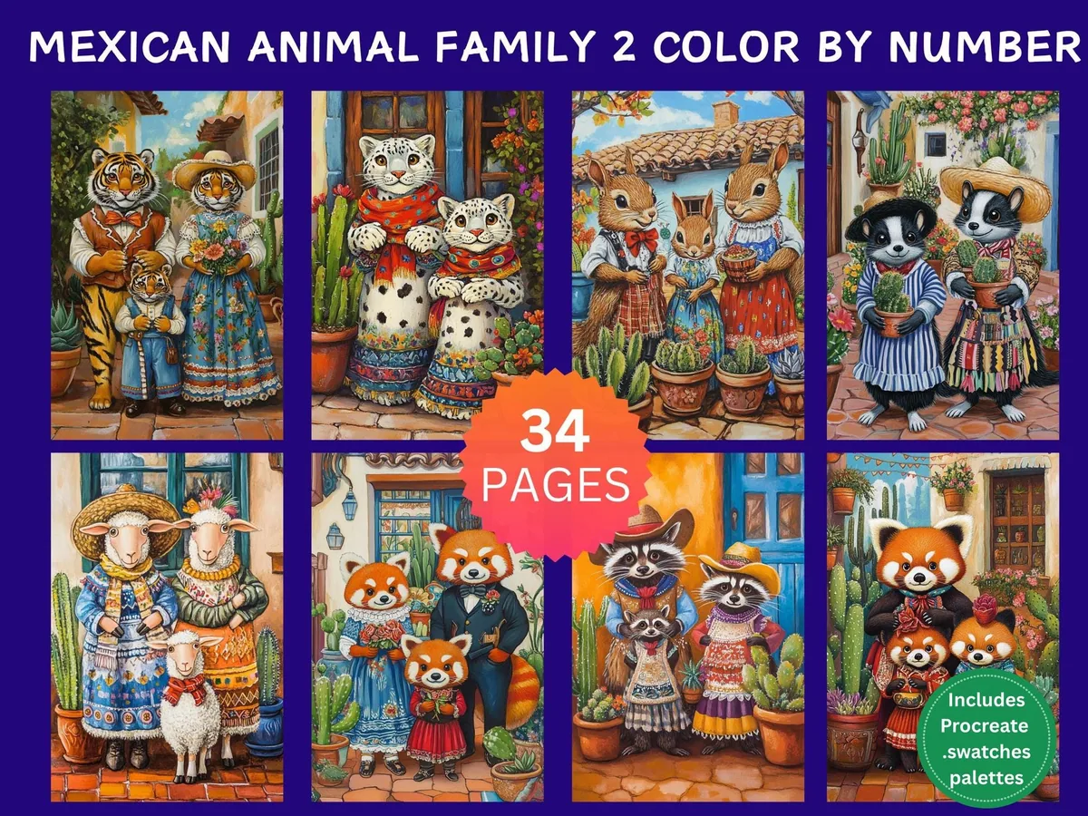 Mexican Animal Family Set 2 Color by Number