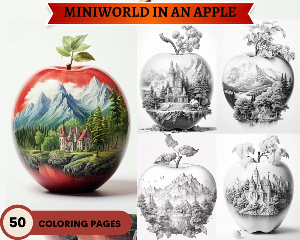 Miniworld in an Apple and other Grayscale Coloring Pages