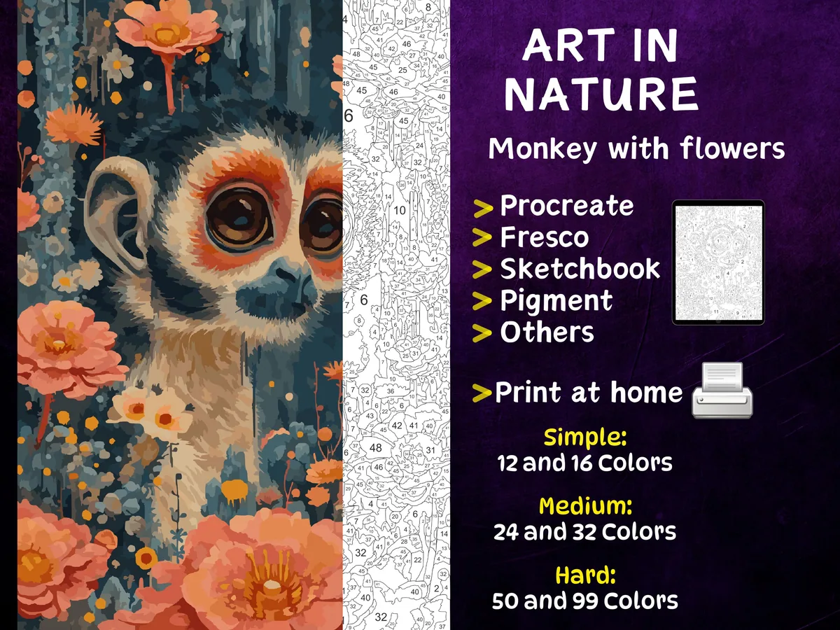 Monkey with Flowers Color by Number