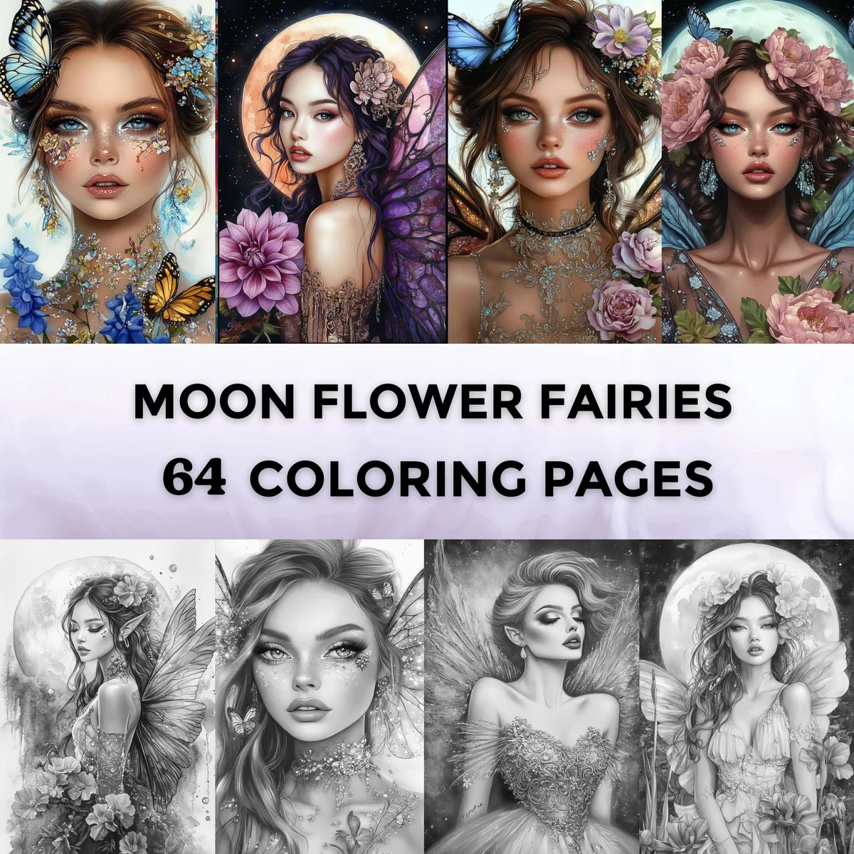 Moon Flower Fairies Grayscale Coloring Pages