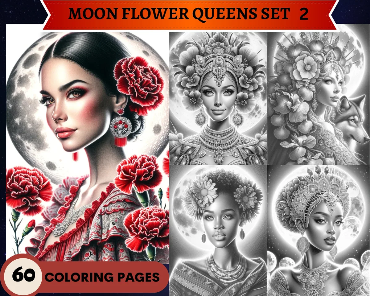 Moon Flower Queens Set 2 Grayscale Coloring Pages