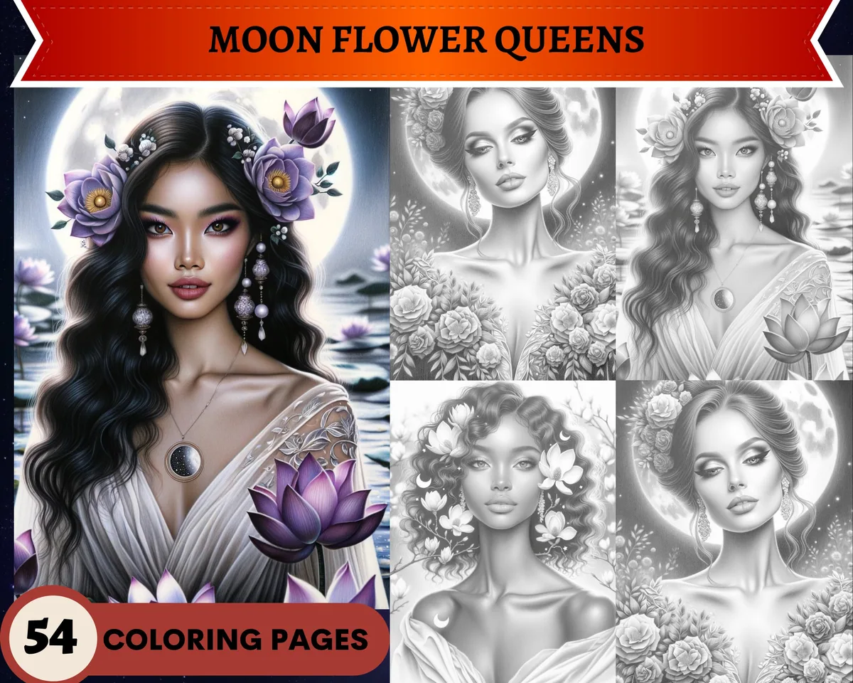 Moon Flower Queens Grayscale Coloring Pages
