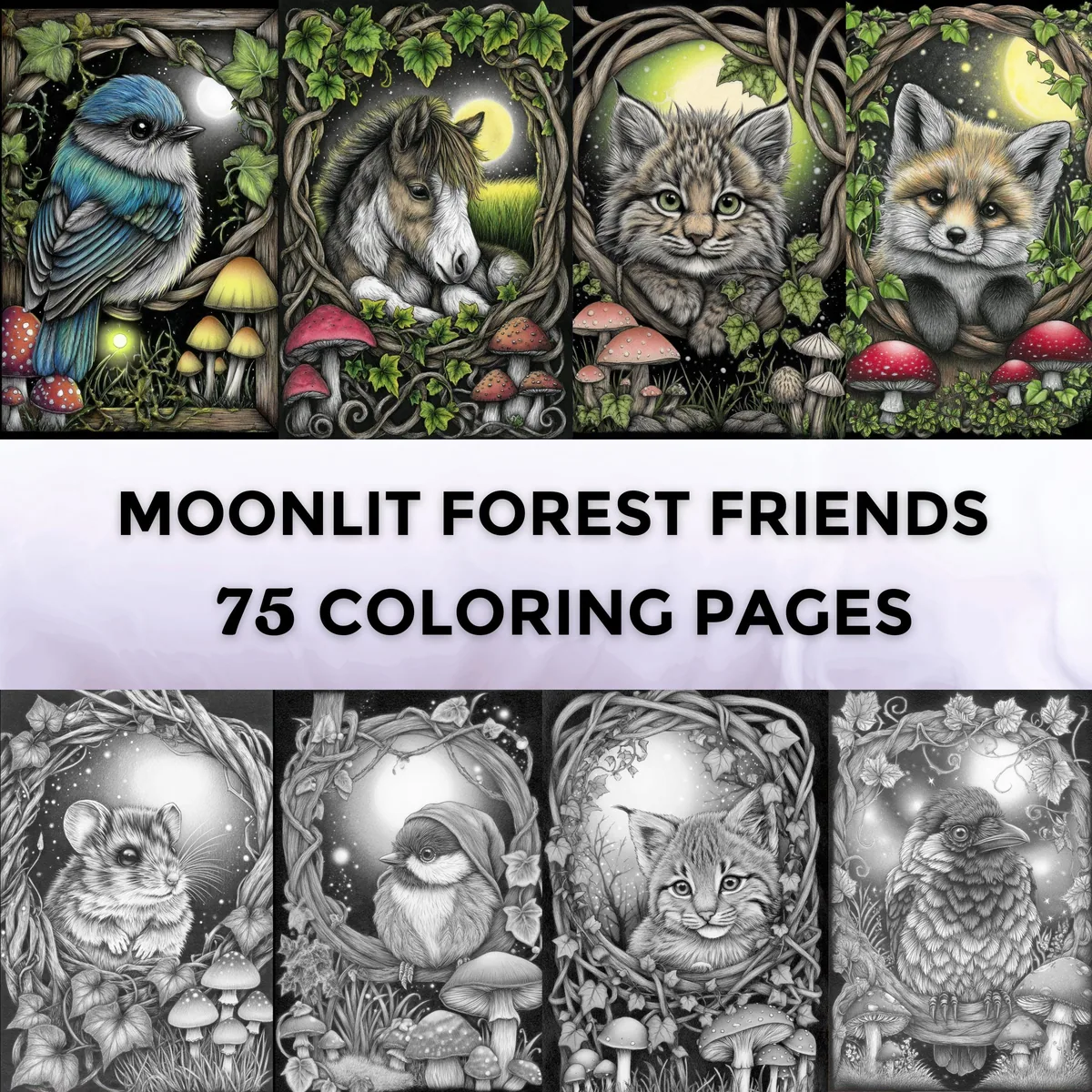 Moonlit Forest Friends Grayscale Coloring Pages