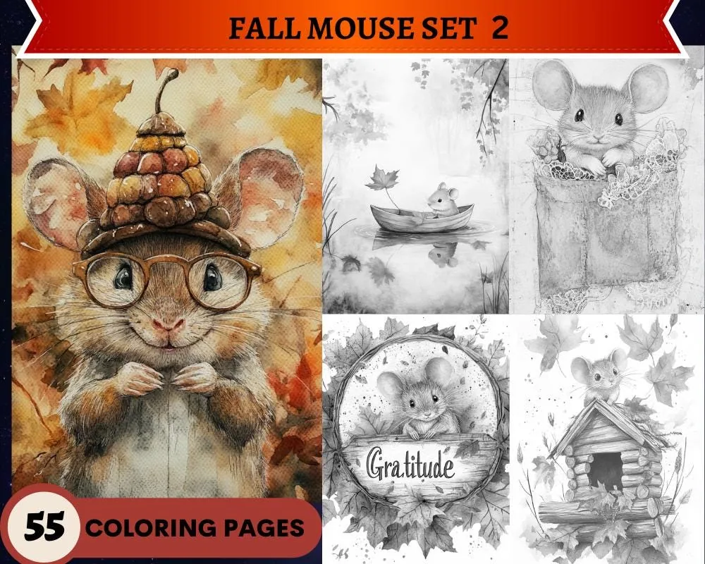 Mouse Fall Set 2 Grayscale Coloring Pages