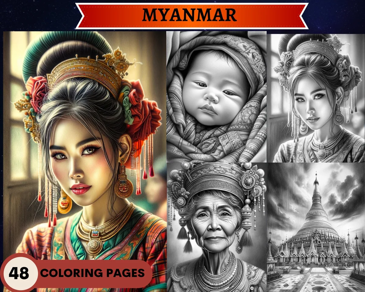Myanmar People Landscapes Food Traditions Grayscale Coloring Pages