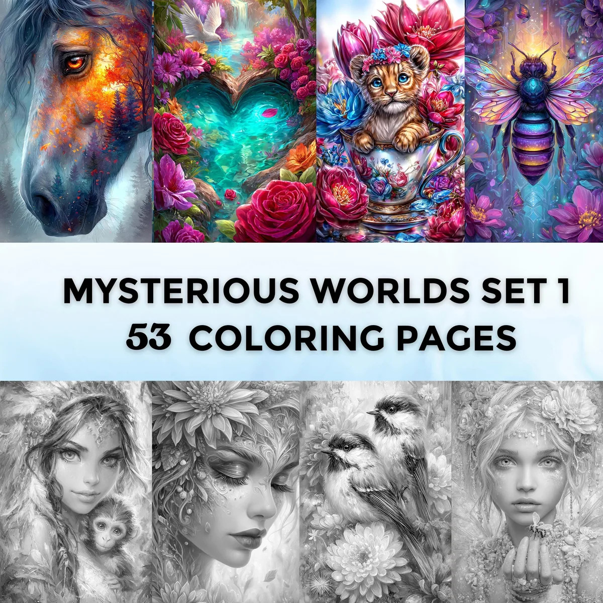 Mysterious Worlds Set 1 Grayscale Coloring Pages