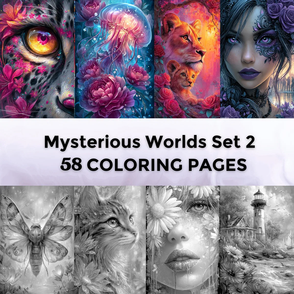 Mysterious Worlds Set 2 Grayscale Coloring Pages