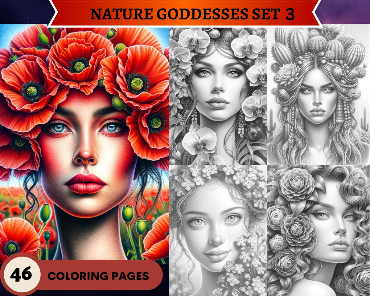 Nature Goddesses Set 3 Grayscale Coloring Pages