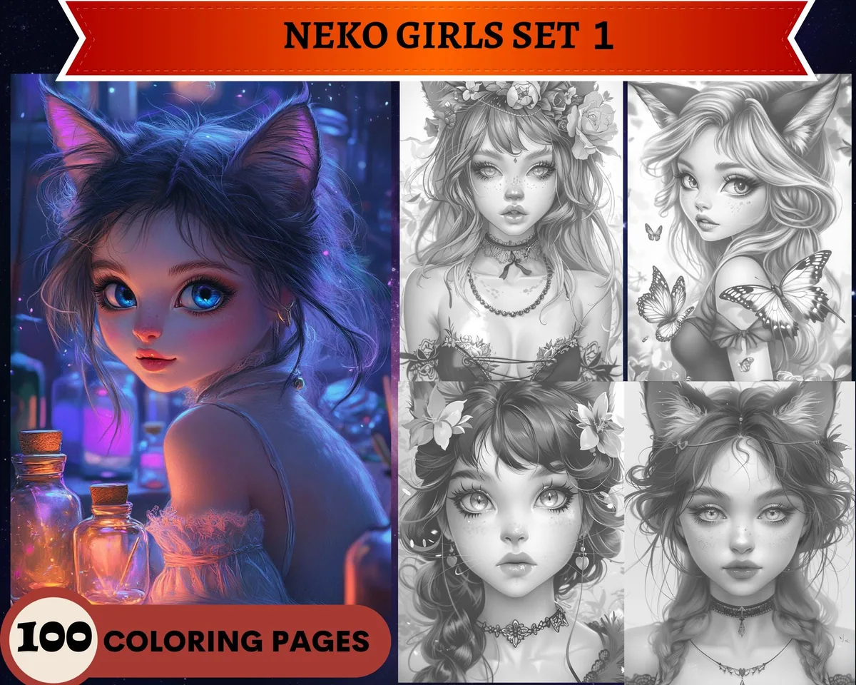 Neko Girls Set 1 Grayscale Coloring Pages